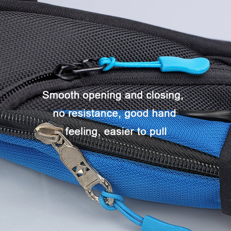 Blue zipper with matching cord puller and plastic slider tab close-up