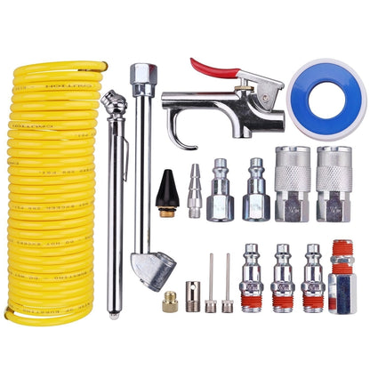 Air compressor tool kit with yellow coiled hose, silver fittings, nozzles, and coupler