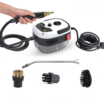 Steam cleaning machine with spray gun, hoses, metal wand, and brush attachments