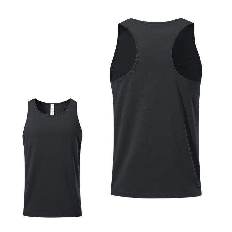 Black men’s racerback sports vest with curved side panels, sleeveless athletic fit.