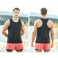 Men’s black sports vest, racerback style shown front and back on model.