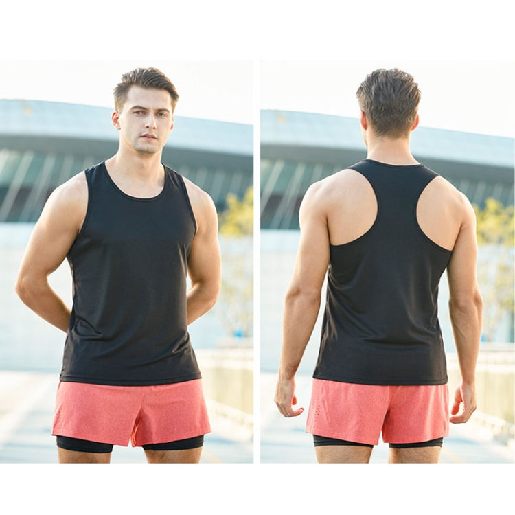 Men’s black sports vest, racerback style shown front and back on model.