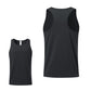 Black racerback sports vest for men with sleeveless design and curved side panels.