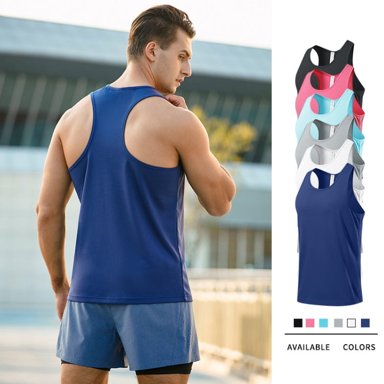 Men's sports vest in navy blue, sleeveless back view on model