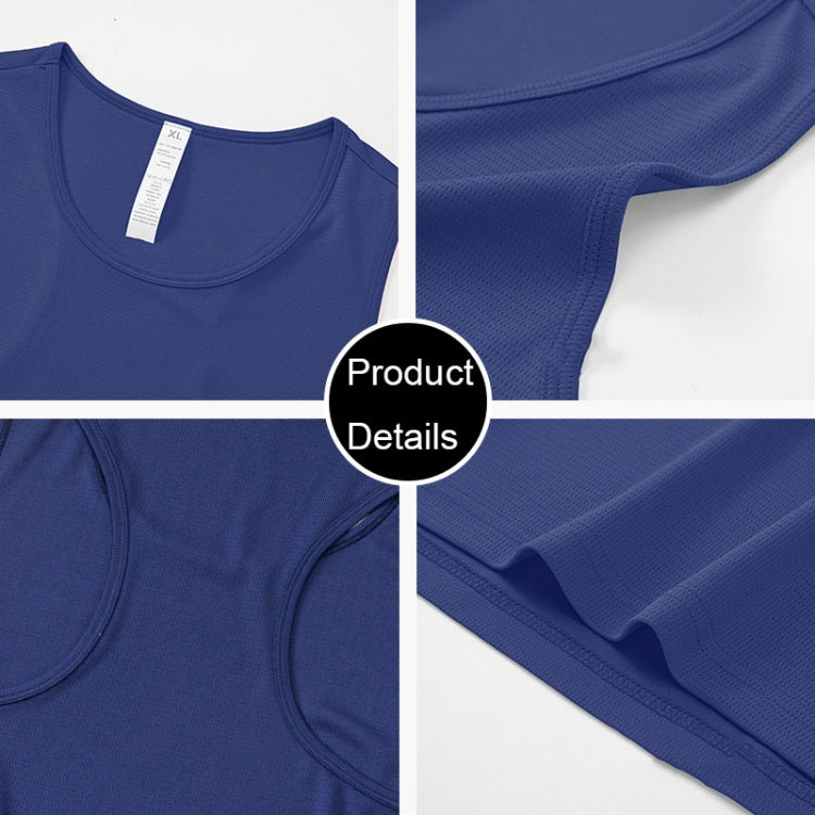 Men's sports vest in navy blue, crew neck and seam detail close-up