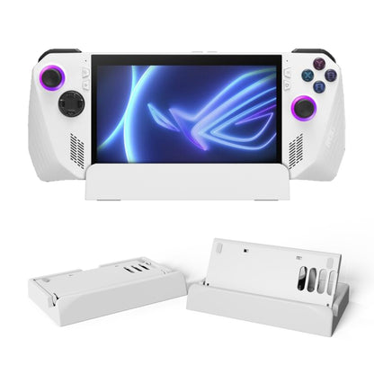 White handheld desktop stand with adjustable cradle holding a gaming device