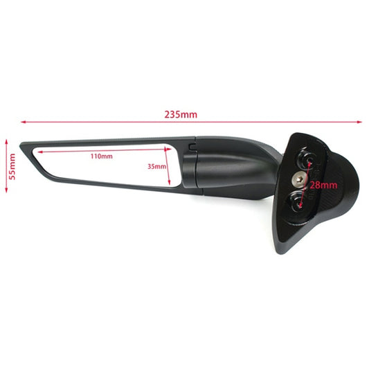 Motorcycle fixed-wing reflector with size diagram markings, gray frame and black mount.