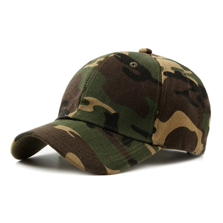 Camouflage duck tongue cap in army green and brown, curved brim, side view