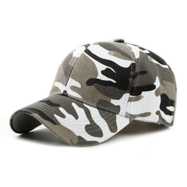 Camouflage duck tongue cap in gray and black with white accents, curved brim