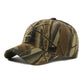 Camouflage duck tongue cap in brown and olive tones, curved brim, side view