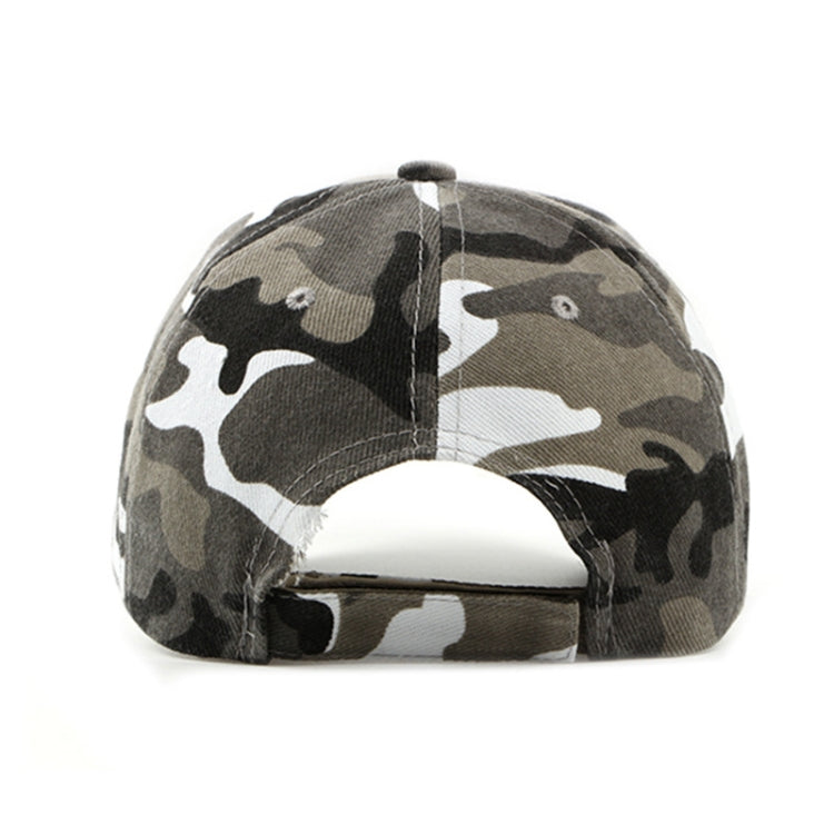 Camouflage duck tongue cap in black and gray with white patches, front opening view