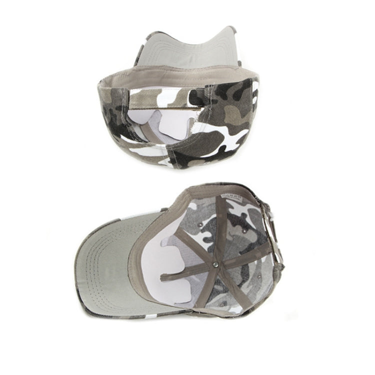 Camouflage duck tongue cap in light gray with dark and white pattern, top and side views
