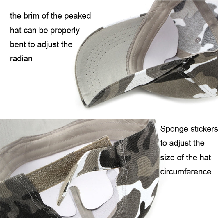 Camouflage duck tongue cap with curved peaking brim and adjustable inner fit strap