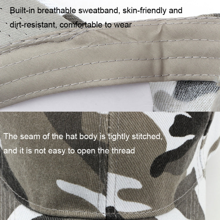 Close-up of camouflage cap brim edge stitching and inner seam detail