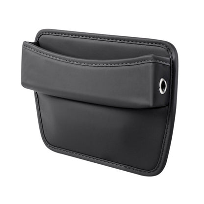 Car seat gap storage organizer pouch, black with stitched edges and side grommet.