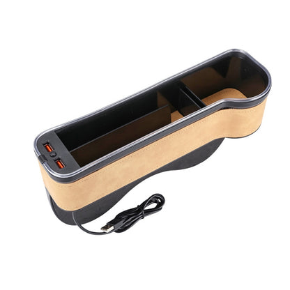 Car seat gap storage box in khaki suede with dual USB ports and charging cables