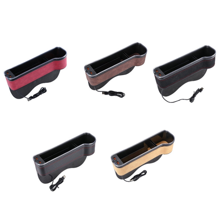 Car seat gap storage box in multiple colors with dual USB ports and power cable