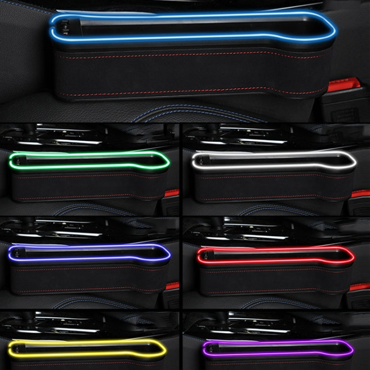 Car seat gap storage box with glowing LED light trim