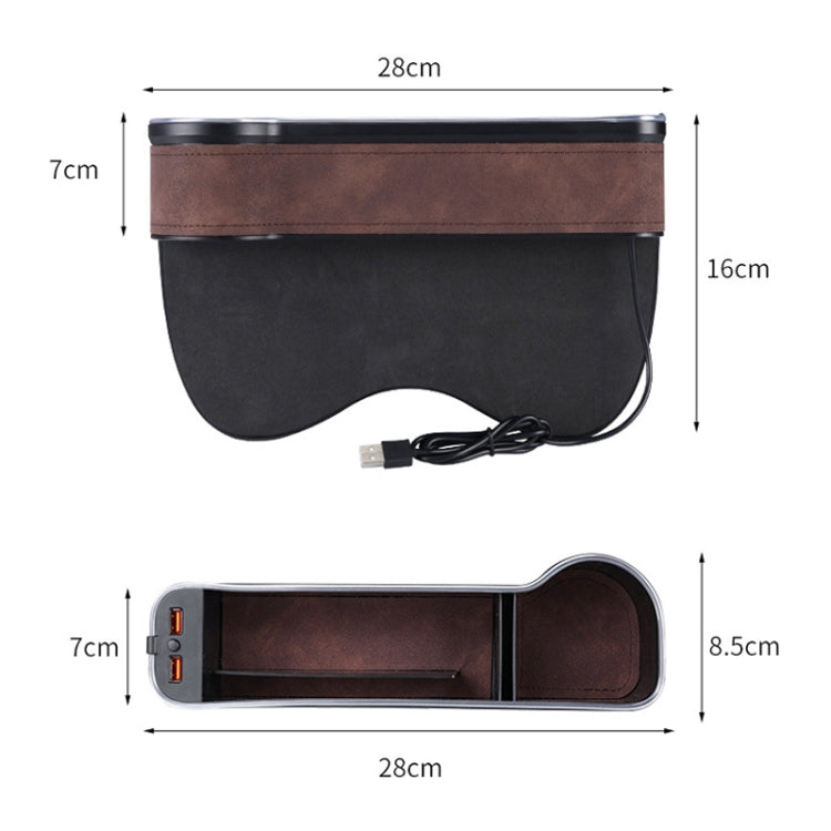 Car seat gap storage box with brown suede top and black base, dual USB ports