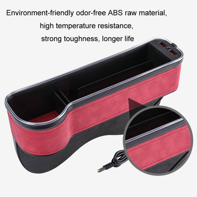 Car seat gap storage box in red suede with dual USB ports and side charging inputs