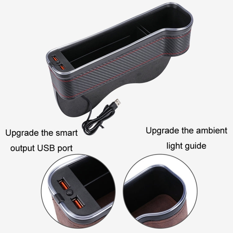 Car seat gap storage box in dark fabric with red stitching and dual USB ports