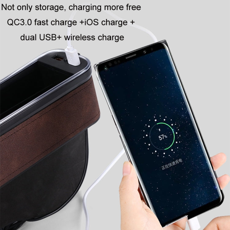 Car seat gap storage box with brown suede top, dual USB ports, and charging cable