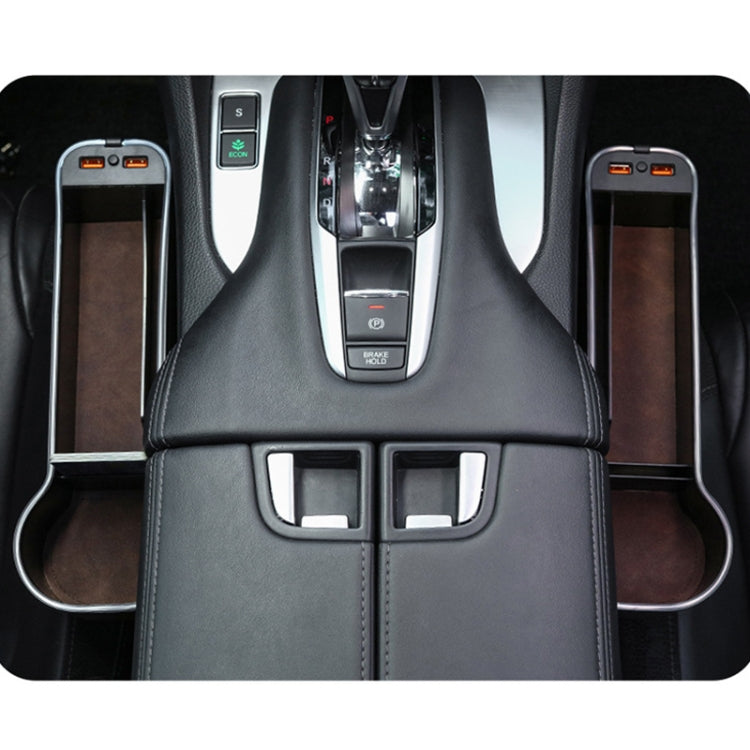Car seat gap storage box pair installed near center console with dual USB ports