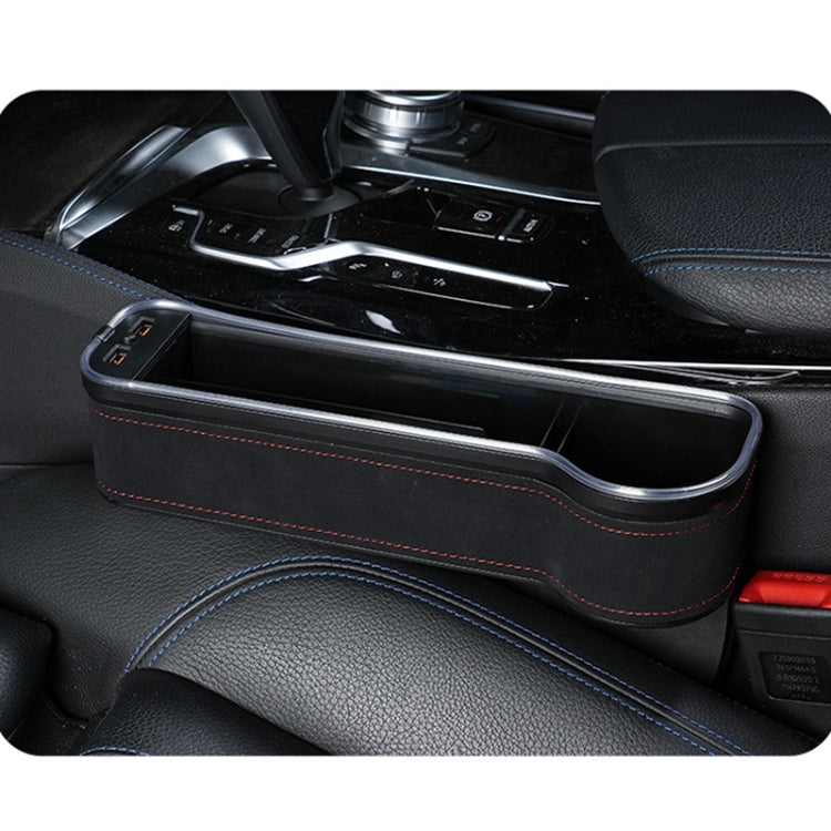 Car seat gap storage box installed on seat side in dark fabric with red stitching