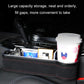 Car seat gap storage box with red-stitched trim, holding small items