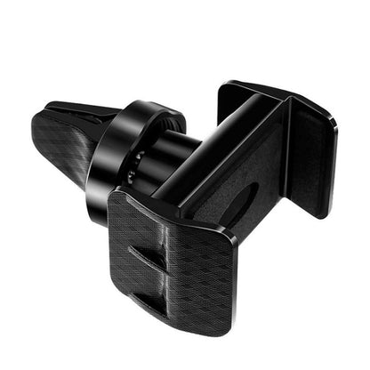 Black car air vent phone holder with foam-clad clamp and swivel arm for secure mounting
