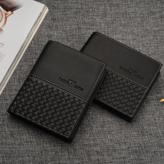 Men's short wallet set: two black wallets with woven panels and embossed logo