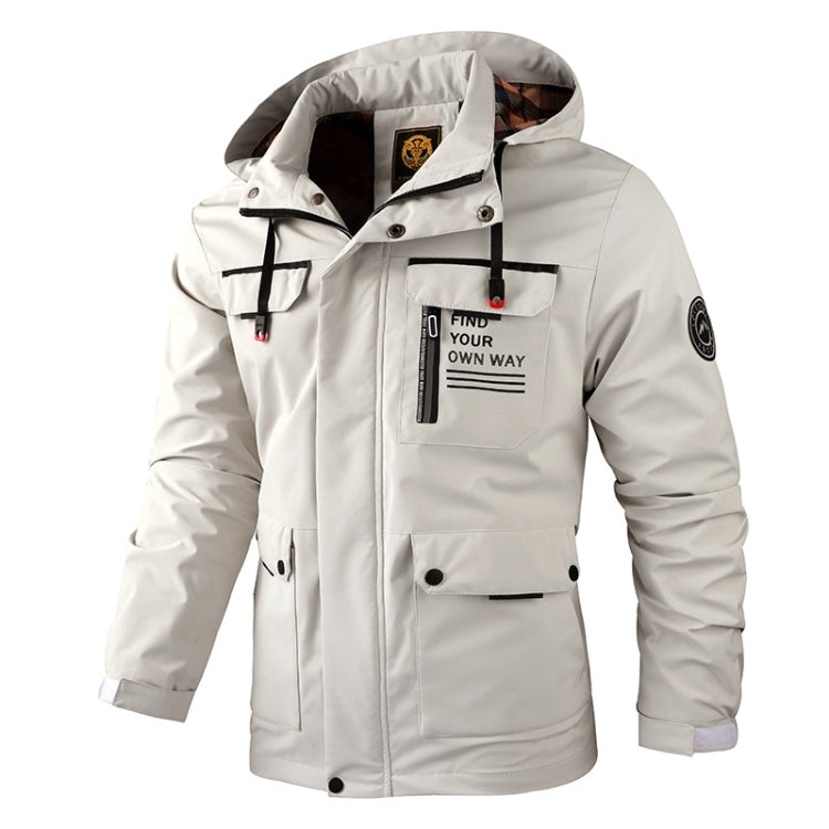 Men's white hooded casual jacket with front zipper and chest pocket