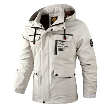 Men's white hooded casual jacket with front zipper and chest pocket