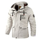 Men's white hooded winter jacket with zip front, chest pocket, and sleeve logo