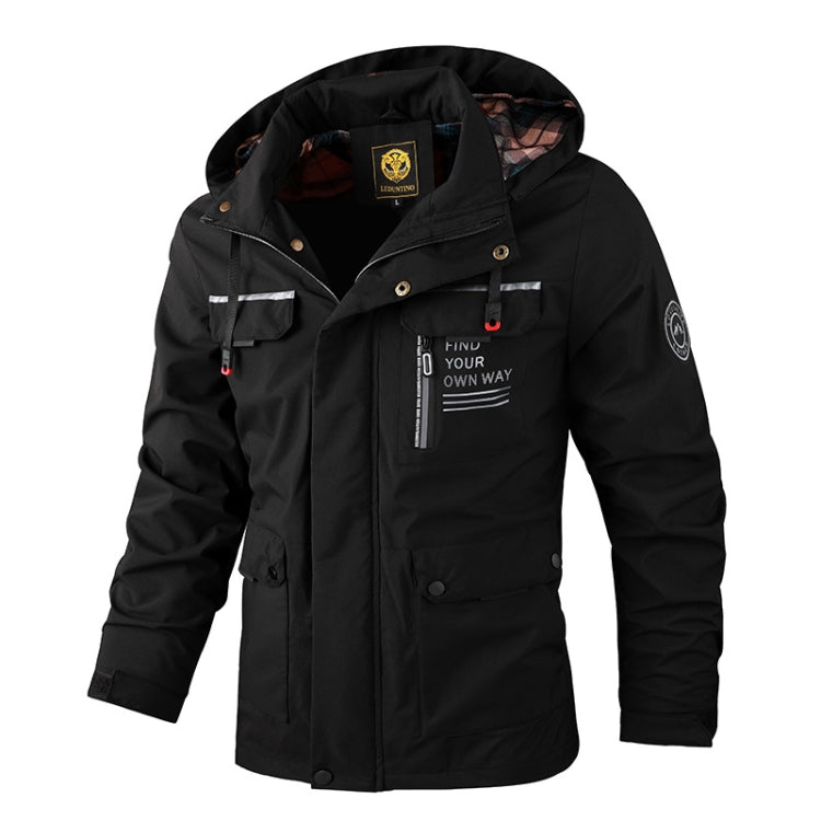 Men's black hooded casual jacket with front zipper, utility pockets, and hood