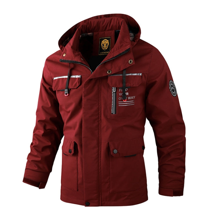 Men's claret hooded casual jacket with front zipper and flap chest pockets