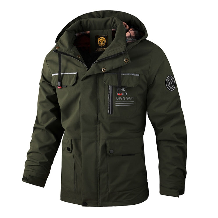 Men's hooded casual jacket, army green with hood and chest patch pocket