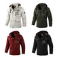 Men's hooded casual jacket color options, white, black, green, and claret