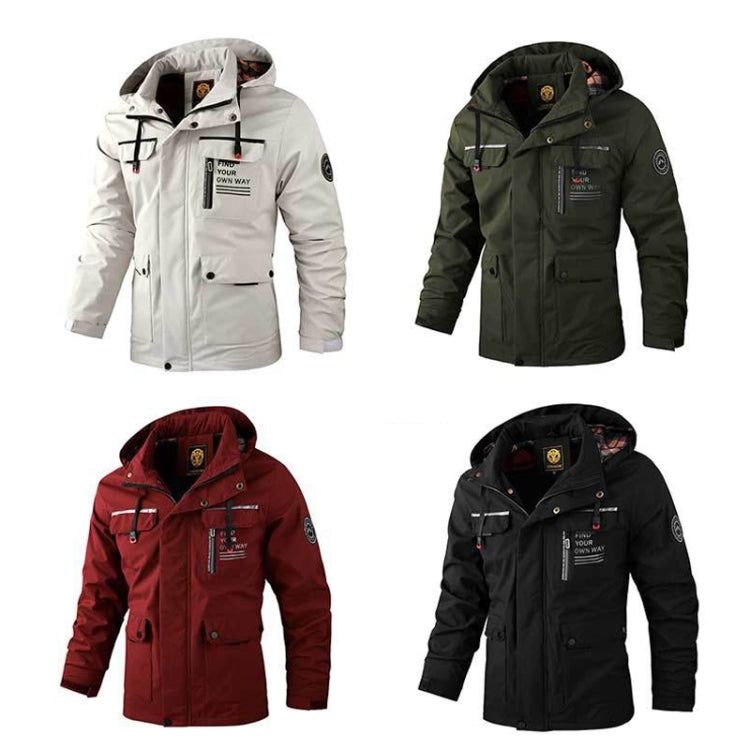 Men's hooded casual jacket color options, white, black, green, and claret
