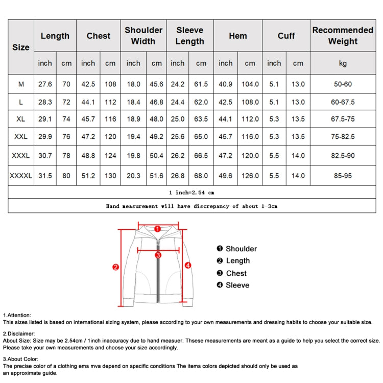 Size chart for men's hooded casual jacket, measurements in inches and cm