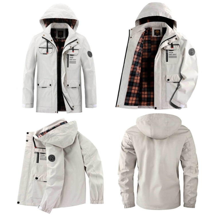 Men's hooded casual jacket in white, plaid-lined interior and button pockets