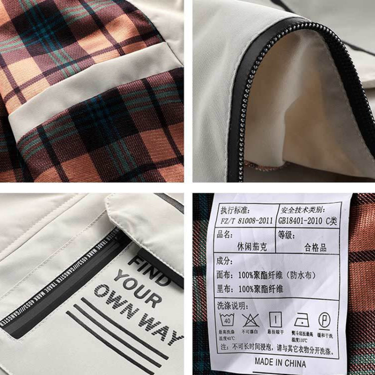 Hood lining and trim detail on a men’s casual jacket in white and plaid
