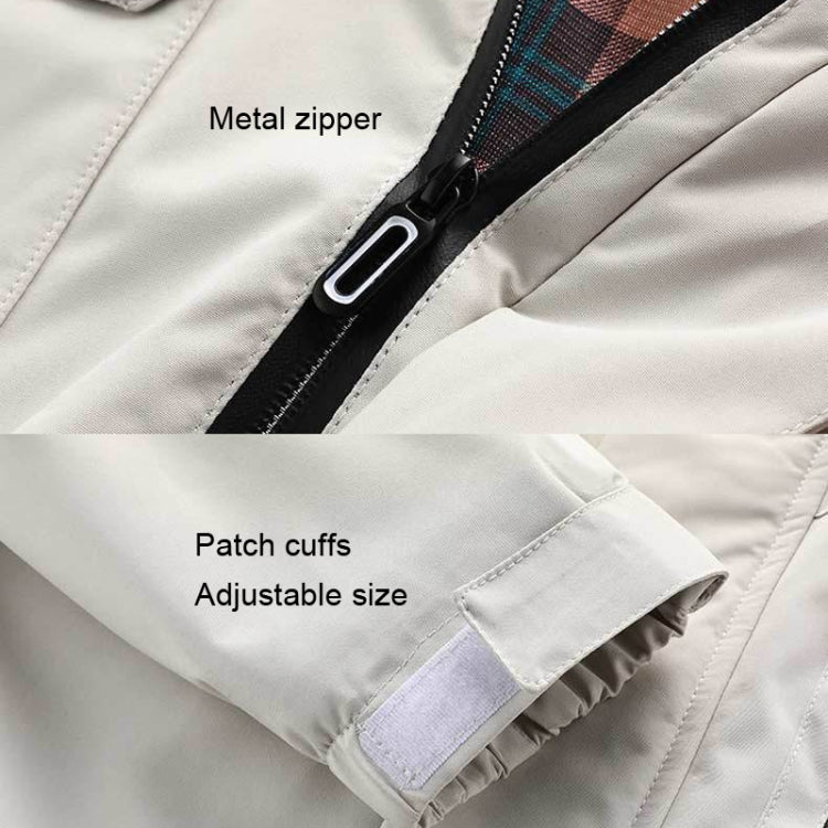 White casual jacket close-up with metal zipper and adjustable patch cuffs