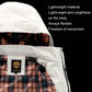 Men's hooded casual jacket in white, close-up plaid lining at hood edge and zipper