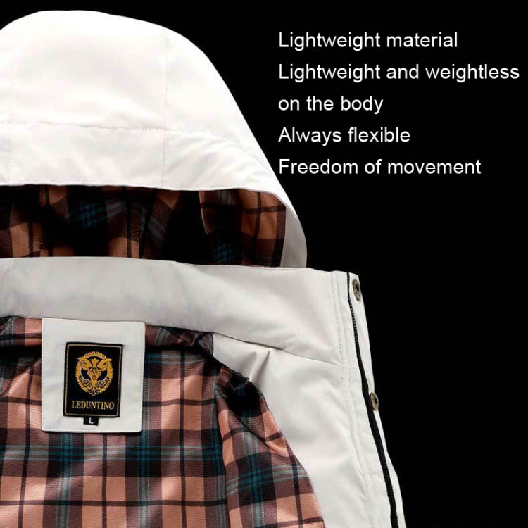 Men's hooded casual jacket in white, close-up plaid lining at hood edge and zipper