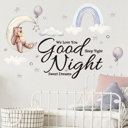 Cartoon wall sticker set with moon bear, clouds, rainbow arch, and Good Night lettering