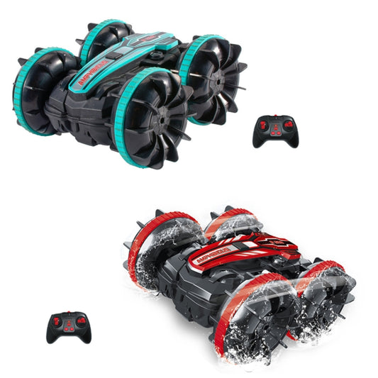 Two-tone amphibious stunt remote control cars: green and red models with propeller tires