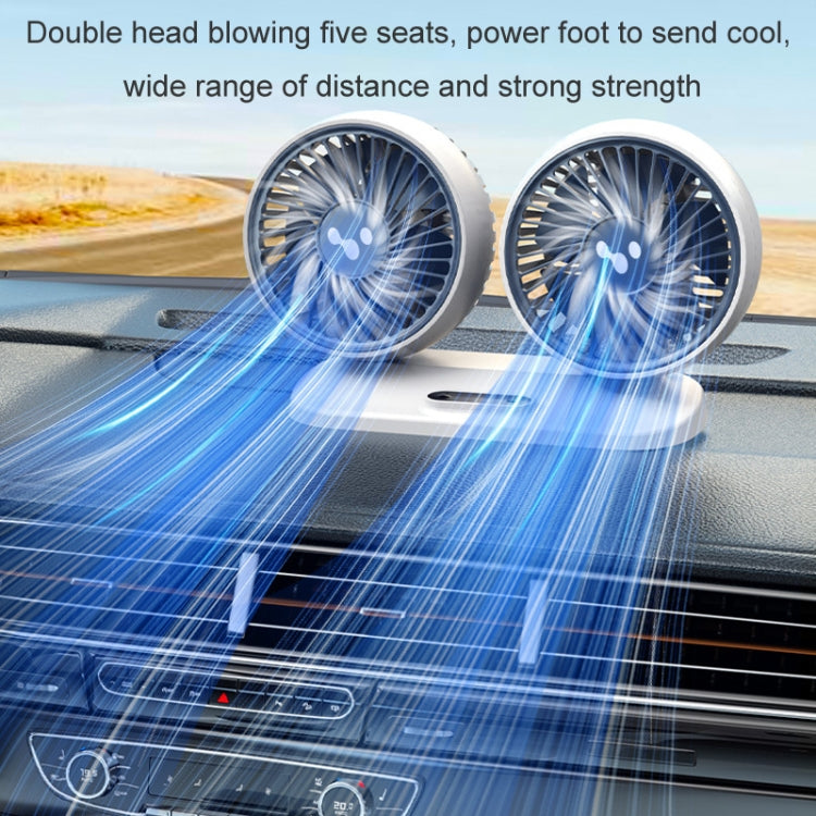 Double-head USB car fan with streaming airflow effect across front-seat area