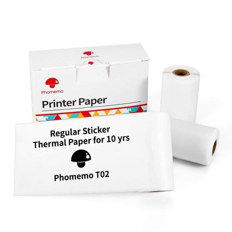 Phomemo T02 thermal printer paper: regular sticker, 10 years, black on white rolls