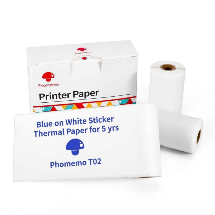 Phomemo T02 blue-on-white thermal sticker paper, 5 years, with label roll and box